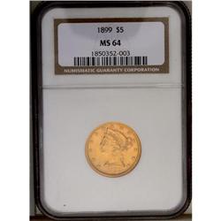 	1899 $5 MS64 NGC. A luscious apricot-gold near-Gem exa 1899