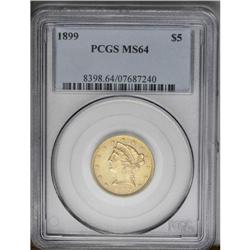 	1899 $5 MS64 PCGS. Satiny surfaces radiate soft luster 1899