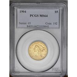 	1904 $5 MS64 PCGS. Brilliant yellow surfaces with fros 1904