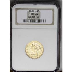 	1904 $5 MS64 NGC. Highly lustrous with brilliant yello 1904