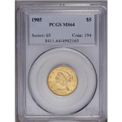 	1905 $5 MS64 PCGS. The mint bloom is effulgent and the 1905