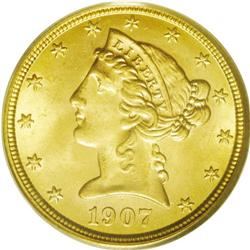 	1907 $5 MS65 PCGS. A gorgeous orange-gold Gem that dis 1907