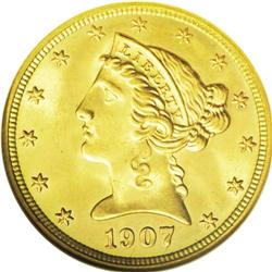 	1907-D $5 MS67 NGC. Tilted Mintmark. This variety has 1907-D