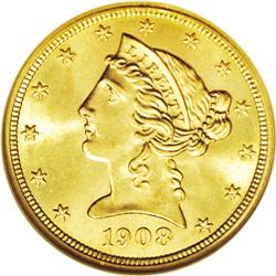 	1908 $5 MS65 NGC. A splendid honey-gold Gem that exhib 1908