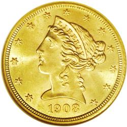 	1908 $5 MS65 NGC. Fully struck with bright, shimmering 1908