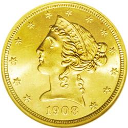	1908 $5 MS65 NGC. The final year of Gobrecht''s enduri 1908