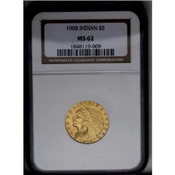 	1908 $5 MS62 NGC. This olive-gold introductory-year ty 1908