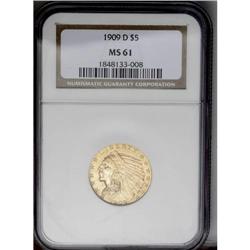 	1909-D $5 MS61 NGC. Pleasing khaki and reddish-gold co 1909-D
