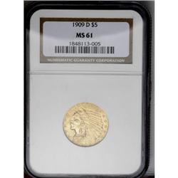 	1909-D $5 MS61 NGC. Well struck and richly toned with 1909-D