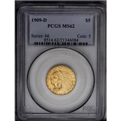 	1909-D $5 MS62 PCGS. Rich tawny-gold toning dominates 1909-D