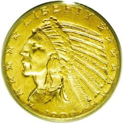 	1909-D $5 MS63 PCGS. Rich lemon toning dominates the f 1909-D