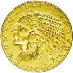 	1909-D $5 MS63 ANACS. The design elements are sharply 1909-D