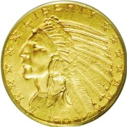 	1909-D $5 MS63 PCGS. Original peach and olive toning a 1909-D