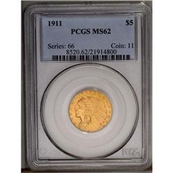 	1911 $5 MS62 PCGS. The satiny straw-gold surfaces only 1911