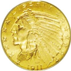 	1911 $5 MS64 PCGS. Extremely close to Gem quality, wit 1911