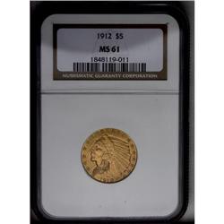 	1912 $5 MS61 NGC. A generally smooth lime-gold example 1912