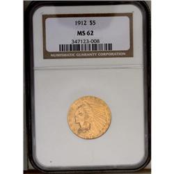 	1912 $5 MS62 NGC. Boldly struck with natural honey-gol 1912