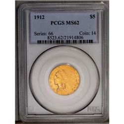 	1912 $5 MS62 PCGS. Lustrous with deep green-gold tonin 1912