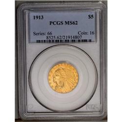 	1913 $5 MS62 PCGS. Creamy luster and rich lime-green a 1913