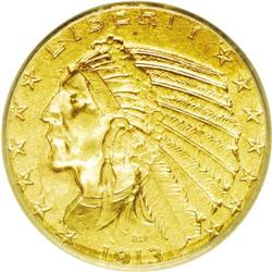 	1913-S $5 MS62 ICG. This issue ranks among the rarest 1913-S