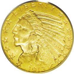 	1913-S $5 MS62 PCGS. Lustrous greenish-gold surfaces w 1913-S