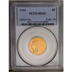 	1914 $5 MS62 PCGS. Pleasing apricot and greenish-gold 1914