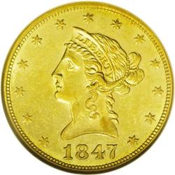 	1847 $10 MS61 NGC. Much of the original prooflike lust 1847