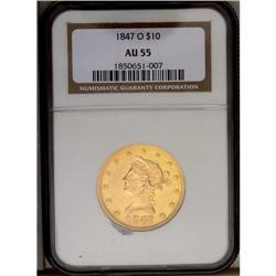 	1847-O $10 AU55 NGC. The bases of the 18 in the date a 1847-O