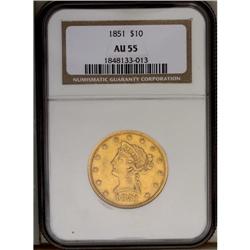 	1851 $10 AU55 NGC. This olive-gold No Motto ten has we 1851