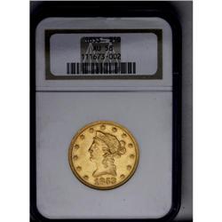 	1853 $10 AU58 NGC. Light wear shows over the highpoint 1853