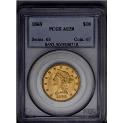 	1868 $10 AU50 NGC. The present piece is one of just 10 1868
