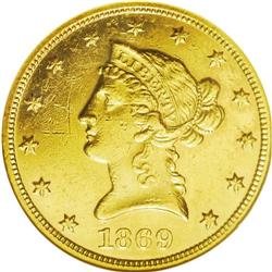 	1869 $10 --Altered Surfaces--ANACS. AU55 Details. Highl 1869