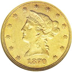 	1870 $10 AU53 NGC. Deep honey-gold color with minor ab 1870