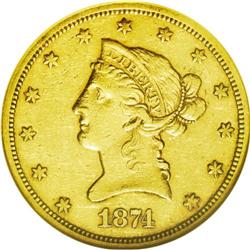 	1874-S $10 AU53 NGC. Like all S-mint eagles struck bet 1874-S