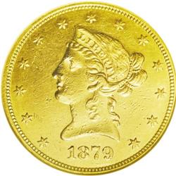 	1879-O $10 --Cleaned--ANACS. AU55 Details. The first O- 1879-O