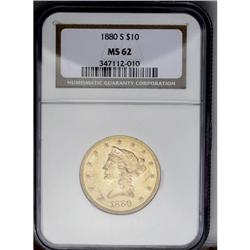 	1880-S $10 MS62 NGC. Vibrant cartwheel sheen illuminat 1880-S