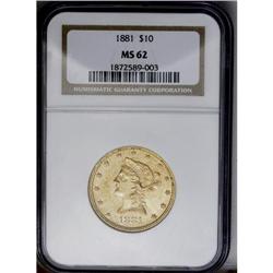 	1881 $10 MS62 NGC. Myriad light abrasions on each side 1881