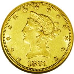 	1881-CC $10 AU58 NGC. Variety 1-A, the only known die 1881-CC