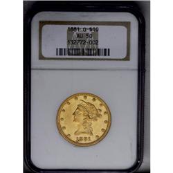 	1881-O $10 AU50 NGC. Substantial luster outlines the b 1881-O