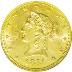 	1881-S $10 MS63 NGC. Bright mint-green, yellow-gold, a 1881-S