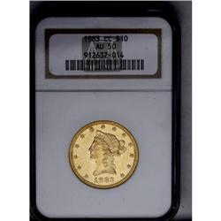 	1883-CC $10 AU50 NGC. An elusive Carson City issue, on 1883-CC