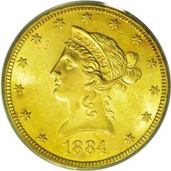 	1884 $10 MS63 PCGS. The colorfully toned surfaces stil 1884