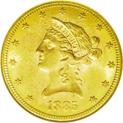 	1885-S $10 MS63 NGC. Straw-gold and olive-green patina 1885-S