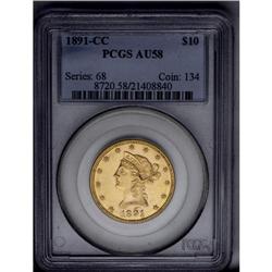 	1891-CC $10 AU58 PCGS. An appealing borderline Uncircu 1891-CC