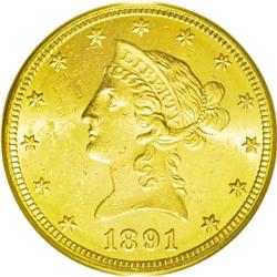 	1891-CC $10 MS62 PCGS. Breen-7035. The mintmark is bro 1891-CC
