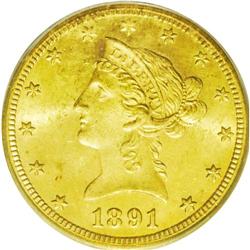 	1891-CC $10 MS63 ICG. Breen-7035. The mintmark is clea 1891-CC