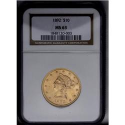 	1892 $10 MS63 NGC. This fully lustrous and intricately 1892
