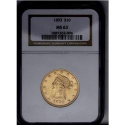 	1893 $10 MS63 NGC. The minimally marked surfaces displ 1893