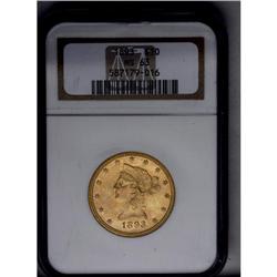 	1893 $10 MS63 NGC. A lustrous coin featuring thick min 1893