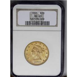 	1893 $10 MS63 NGC. Attractively toned peach-gold, and 1893